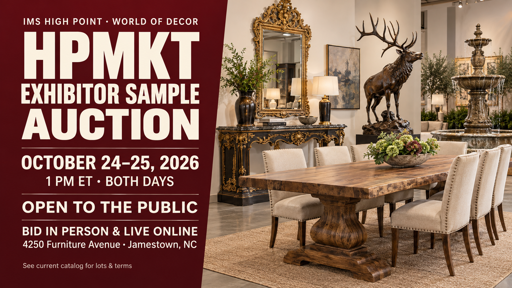 HPMKT Exhibitor Sample Auction at IMS High Point with World of Decor, October 24–25, 2026, 1 PM Eastern both days. Open to the public, in person and live online. Illustrative furniture and décor setting.